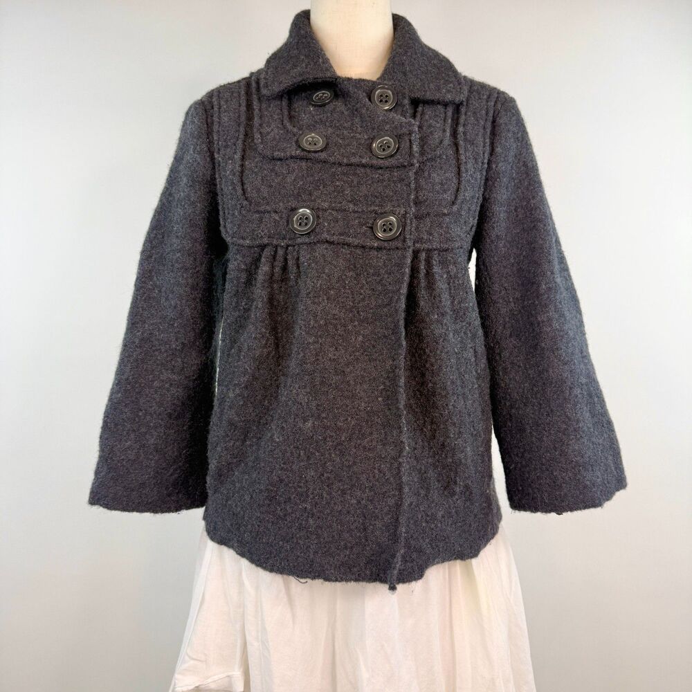 90's Gray 100% Wool Double Breasted 3/4 Sleeves Preppy Minimalist Coat Size M